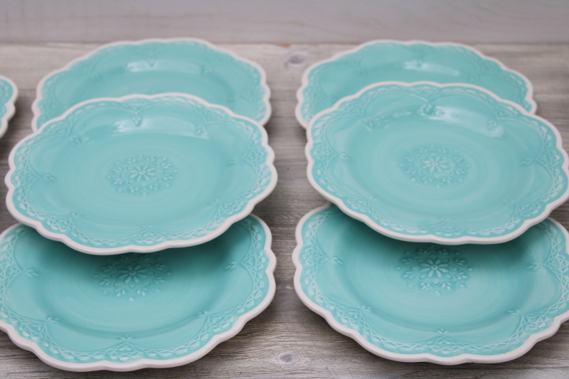 photo of Pier 1 Lacy aqua blue & white salad plates set of 12, hand painted Italian style ceramic w/ embossed design #3