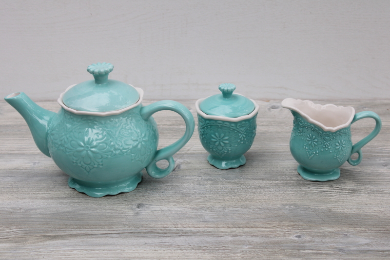 photo of Pier 1 Lacy aqua blue & white tea set, hand painted Italian style ceramic w/ embossed design #1