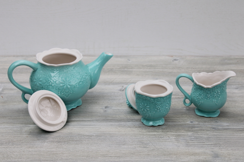 photo of Pier 1 Lacy aqua blue & white tea set, hand painted Italian style ceramic w/ embossed design #2