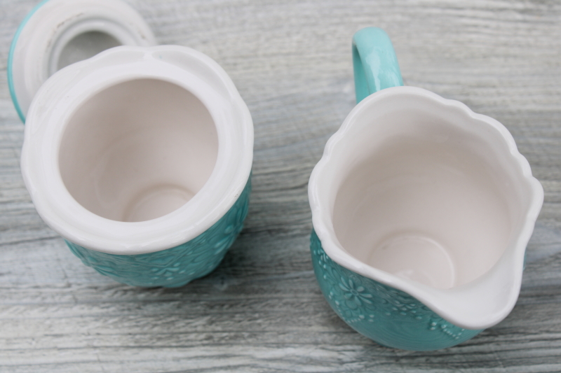 photo of Pier 1 Lacy aqua blue & white tea set, hand painted Italian style ceramic w/ embossed design #3