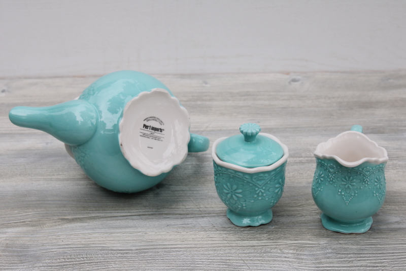 photo of Pier 1 Lacy aqua blue & white tea set, hand painted Italian style ceramic w/ embossed design #5