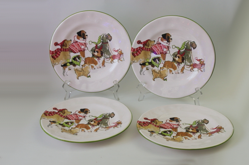 photo of Pier 1 Park Avenue Puppies Christmas salad dessert plates w/ holiday dogs print never used set of 4  #1