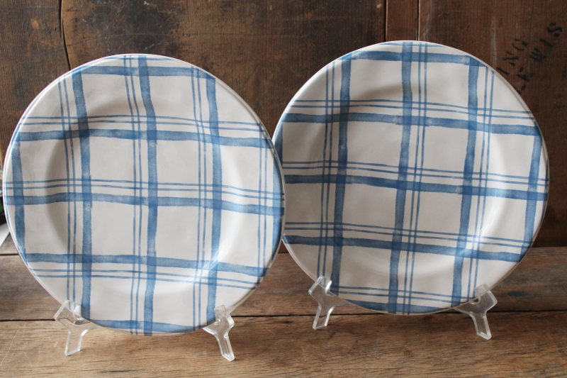 photo of Pier 1 country blue plaid dinner plates, never used ironstone china, modern farmhouse style  #1