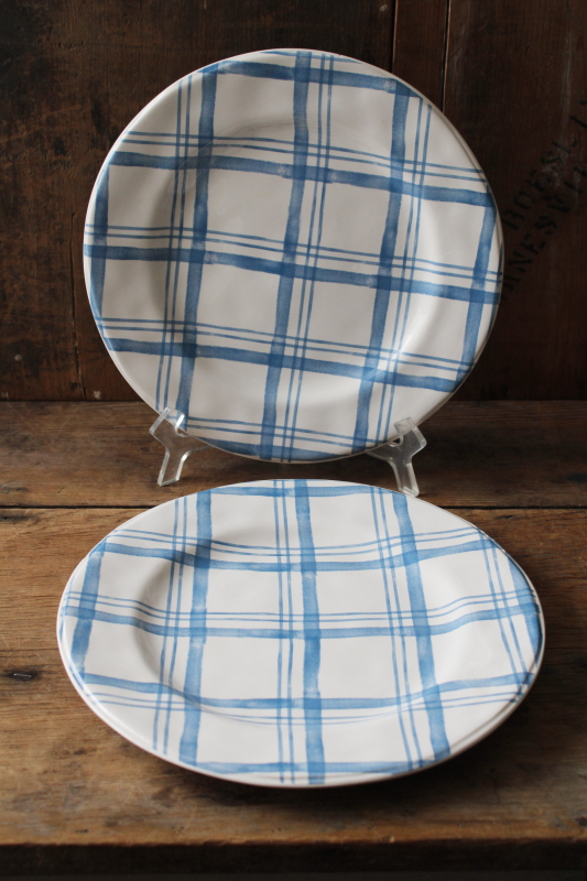 photo of Pier 1 country blue plaid dinner plates, never used ironstone china, modern farmhouse style #2