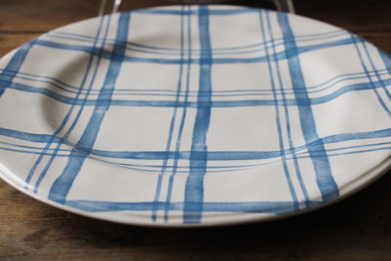 photo of Pier 1 country blue plaid dinner plates, never used ironstone china, modern farmhouse style #3