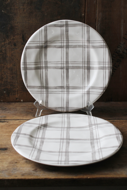photo of Pier 1 linen grey plaid dinner plates, never used ironstone china, modern farmhouse style  #1