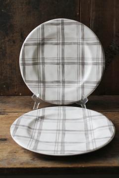 Pier 1 linen grey plaid dinner plates, never used ironstone china, modern farmhouse style 