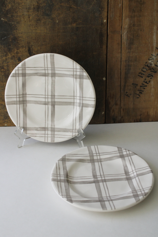 photo of Pier 1 linen grey plaid salad plates, never used ironstone china, modern farmhouse style  #1