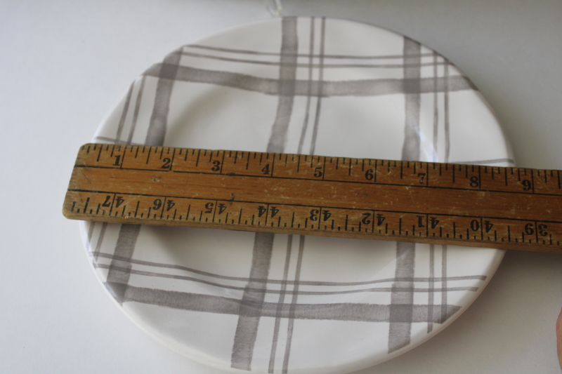 photo of Pier 1 linen grey plaid salad plates, never used ironstone china, modern farmhouse style #2
