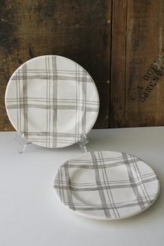 Pier 1 linen grey plaid salad plates, never used ironstone china, modern farmhouse style 