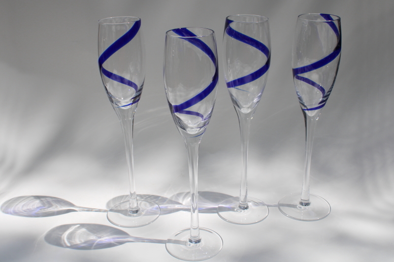 photo of Pier 1 swirline champagne flutes, cobalt blue swirl hand blown glass stemware #1
