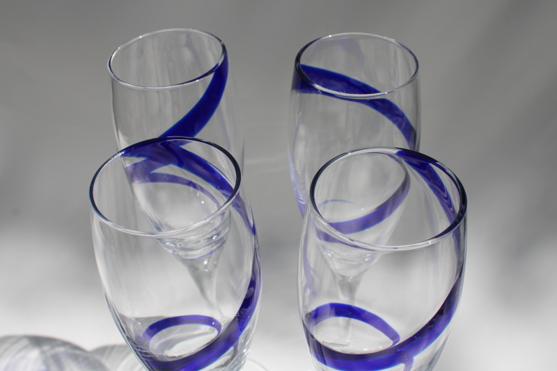 photo of Pier 1 swirline champagne flutes, cobalt blue swirl hand blown glass stemware #2