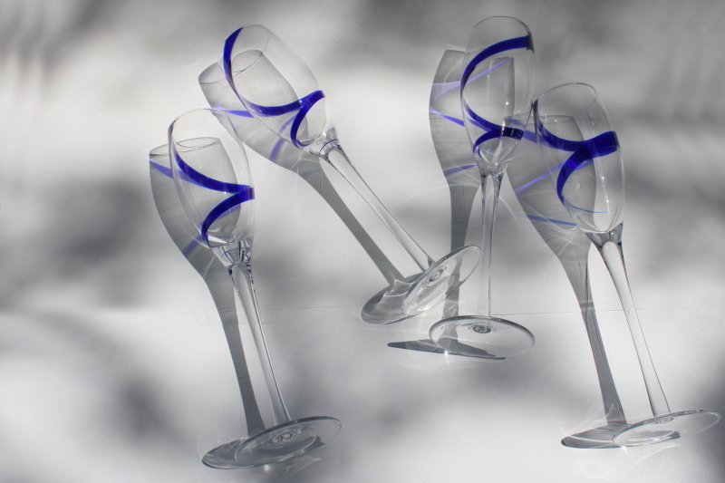 photo of Pier 1 swirline champagne flutes, cobalt blue swirl hand blown glass stemware #3
