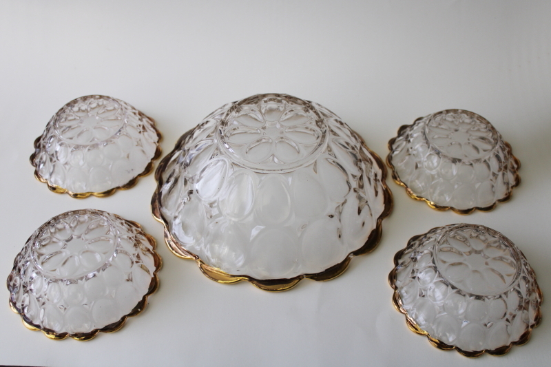 photo of Pilgrim AKA thumbprint pattern glass, gold band fruit or salad bowls vintage Jeannette glass #3