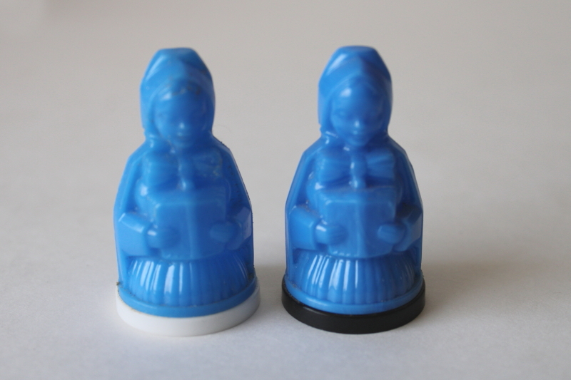 photo of Pilgrim Maid tiny salt & pepper shakers, vintage delphite blue hard plastic S&P set  #1