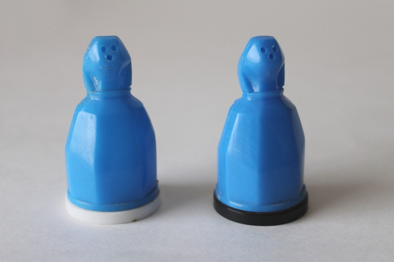 photo of Pilgrim Maid tiny salt & pepper shakers, vintage delphite blue hard plastic S&P set #3