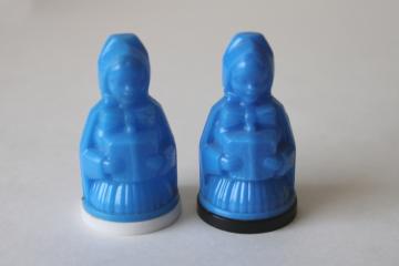 Pilgrim Maid tiny salt & pepper shakers, vintage delphite blue hard plastic S&P set 