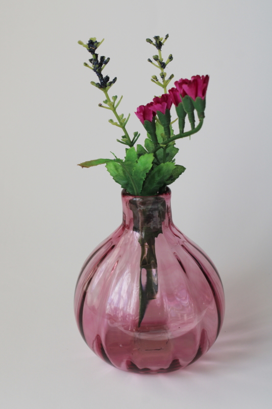 photo of Pilgrim cranberry glass vase, round bottle or flask shape, mod vintage #2
