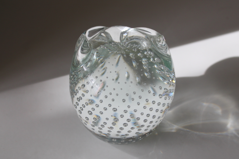 photo of Pilgrim label vintage art glass owl paperweight, clear controlled bubble hand blown glass  #3