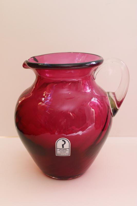photo of Pilgrim label vintage hand blown cranberry glass pitcher, beautiful deep pink red color #1