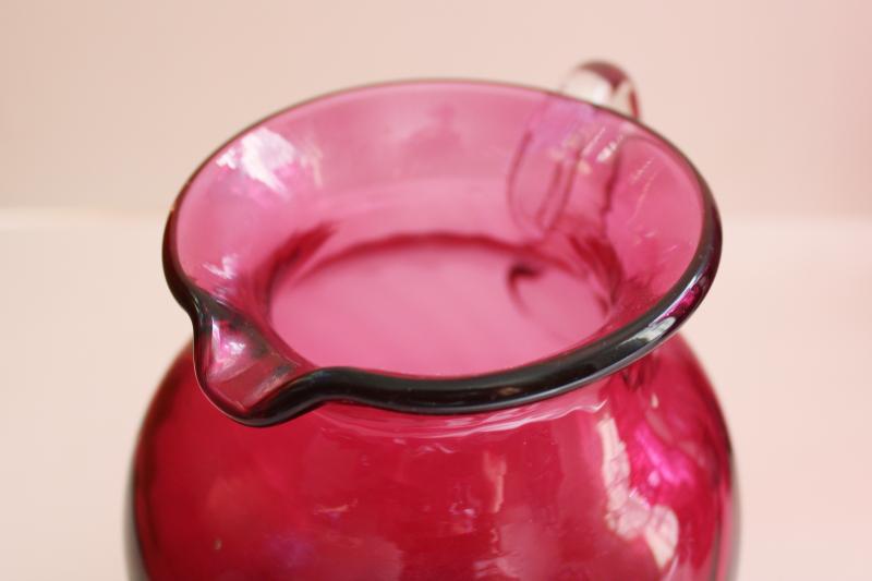 photo of Pilgrim label vintage hand blown cranberry glass pitcher, beautiful deep pink red color #2