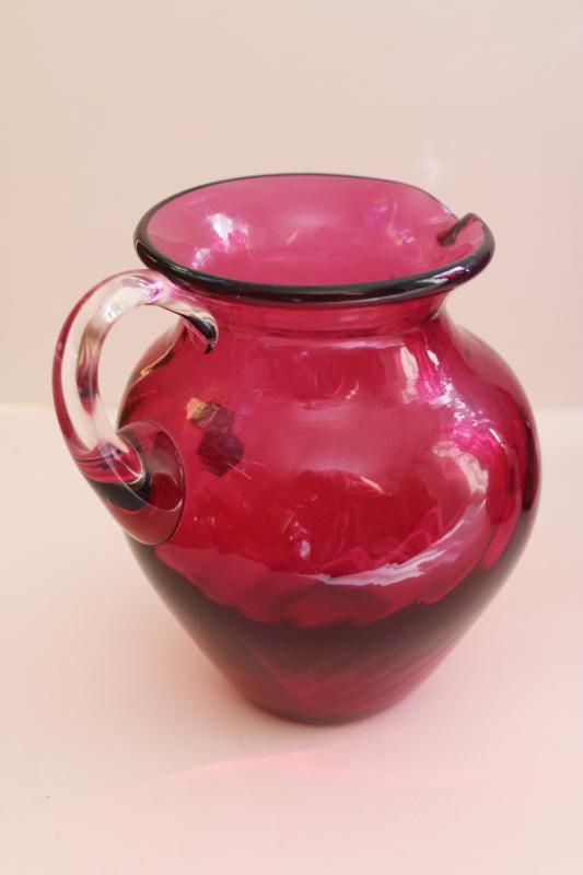photo of Pilgrim label vintage hand blown cranberry glass pitcher, beautiful deep pink red color #3