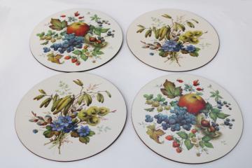 catalog photo of Pimpernel England cork backed round placemats, vintage botanical fruit flower prints 