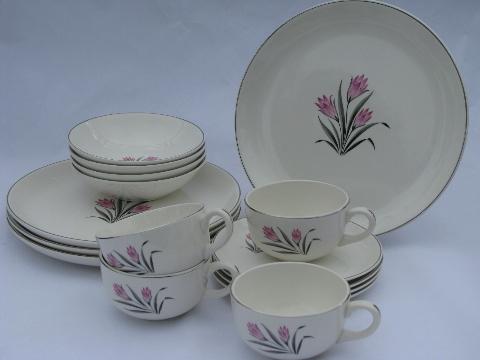 photo of Pink Crocus mint in box vintage china dishes for 4, W S George #1