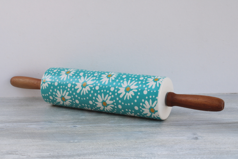 photo of Pioneer Woman Flea Market floral print rolling pin, aqua w/ daisies print #1