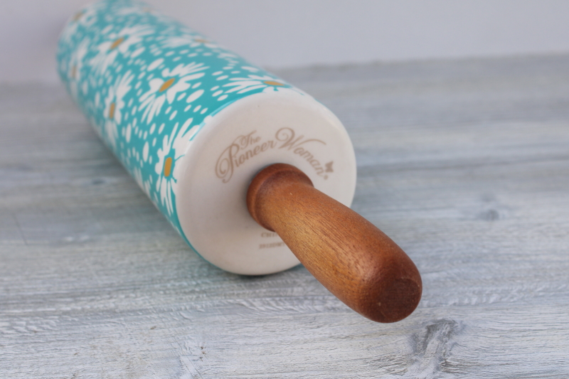 photo of Pioneer Woman Flea Market floral print rolling pin, aqua w/ daisies print #2