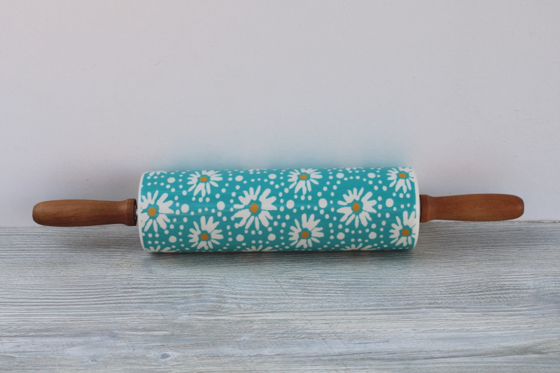 photo of Pioneer Woman Flea Market floral print rolling pin, aqua w/ daisies print #3