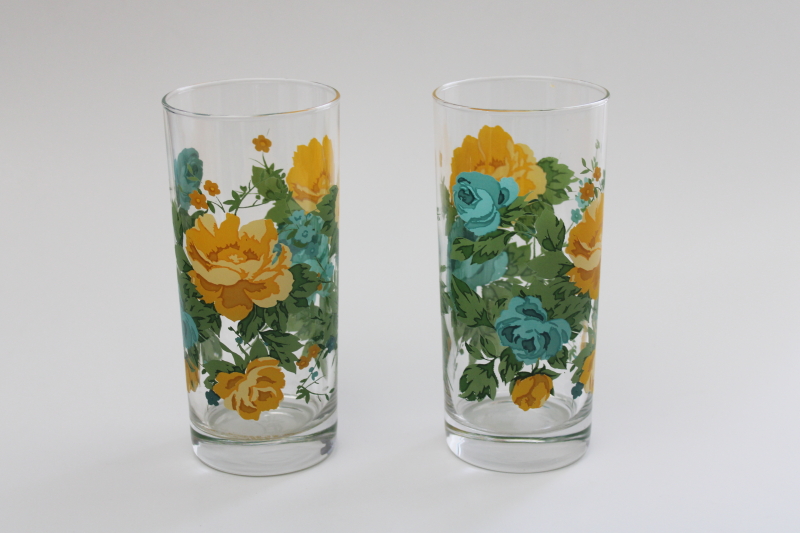 photo of Pioneer Woman Rose Shadow floral print drinking glasses, aqua & yellow flowers #1