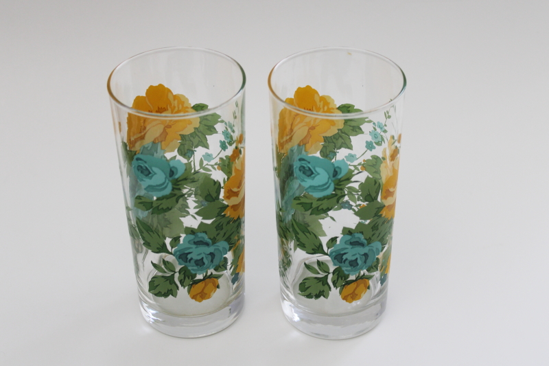 photo of Pioneer Woman Rose Shadow floral print drinking glasses, aqua & yellow flowers #3