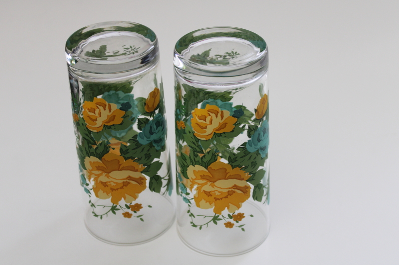 photo of Pioneer Woman Rose Shadow floral print drinking glasses, aqua & yellow flowers #4