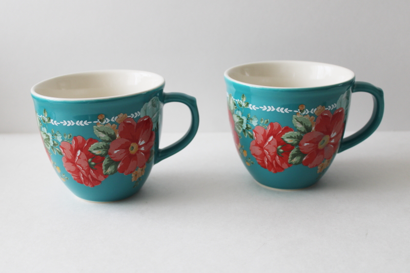 photo of Pioneer Woman vintage floral on teal, set of two ceramic mugs coffee cups #1