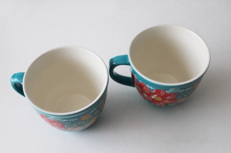 photo of Pioneer Woman vintage floral on teal, set of two ceramic mugs coffee cups #2