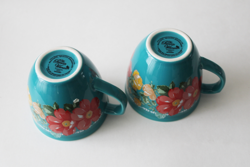 photo of Pioneer Woman vintage floral on teal, set of two ceramic mugs coffee cups #3