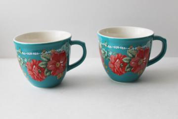 Pioneer Woman vintage floral on teal, set of two ceramic mugs coffee cups