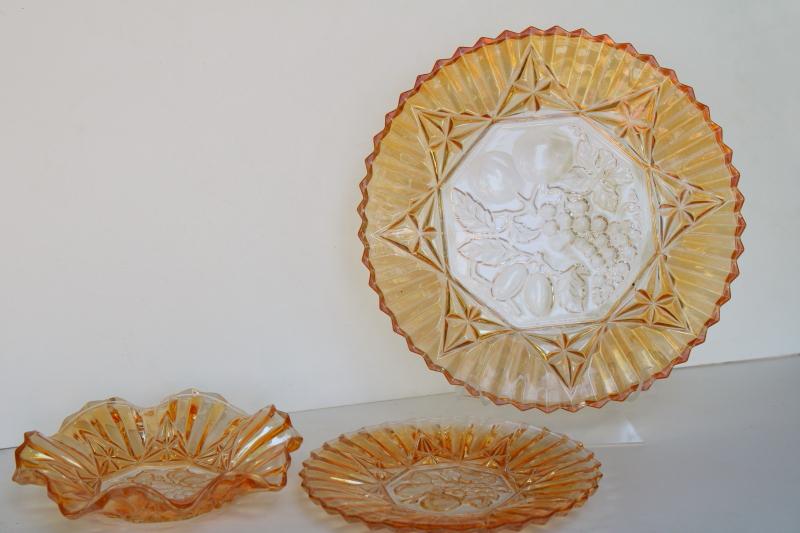 photo of Pioneer fruit pattern vintage pressed glass plate & bowls w/ iridescent marigold color #1