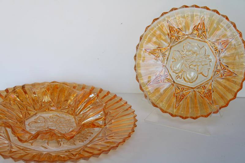 photo of Pioneer fruit pattern vintage pressed glass plate & bowls w/ iridescent marigold color #2