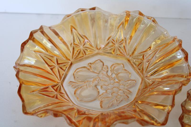 photo of Pioneer fruit pattern vintage pressed glass plate & bowls w/ iridescent marigold color #5