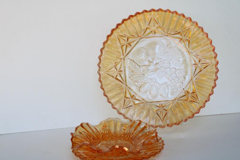 photo of Pioneer fruit pattern vintage pressed glass plate & bowls w/ iridescent marigold color #6