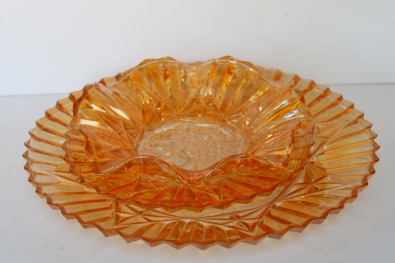 photo of Pioneer fruit pattern vintage pressed glass plate & bowls w/ iridescent marigold color #7