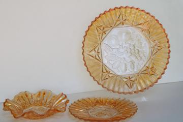 catalog photo of Pioneer fruit pattern vintage pressed glass plate & bowls w/ iridescent marigold color