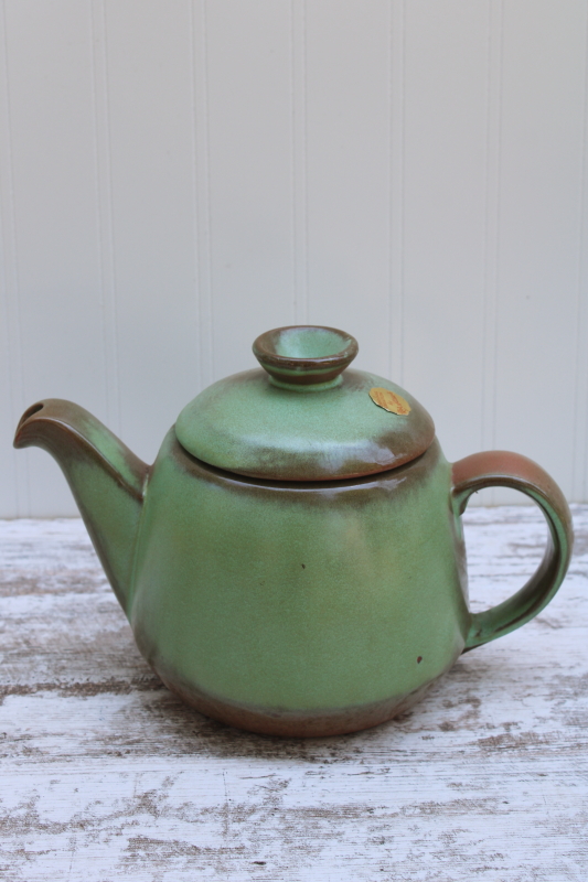 photo of Plainsman prairie green teapot w/ original label, vintage Frankoma pottery green brown glaze #1