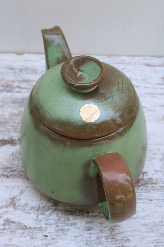 photo of Plainsman prairie green teapot w/ original label, vintage Frankoma pottery green brown glaze #2