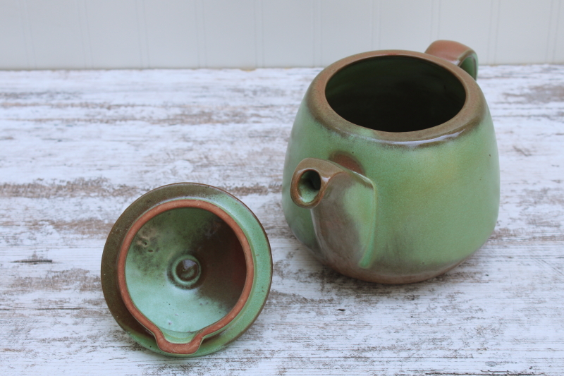 photo of Plainsman prairie green teapot w/ original label, vintage Frankoma pottery green brown glaze #3
