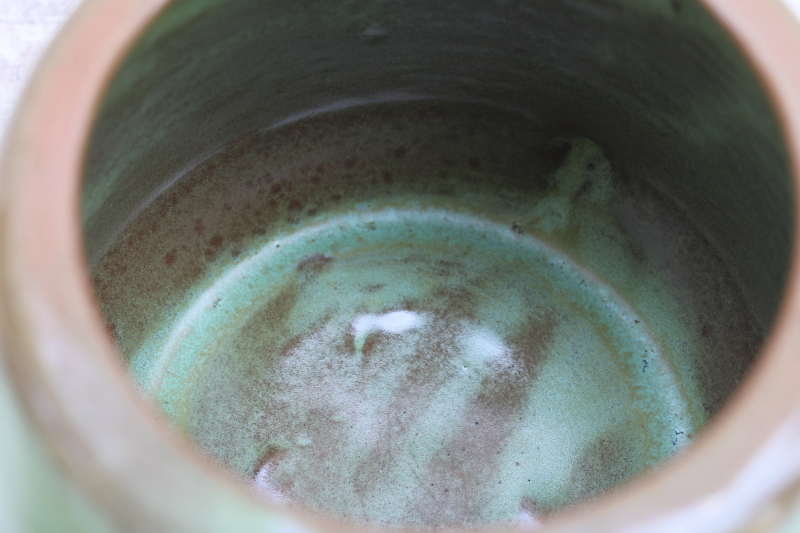 photo of Plainsman prairie green teapot w/ original label, vintage Frankoma pottery green brown glaze #4
