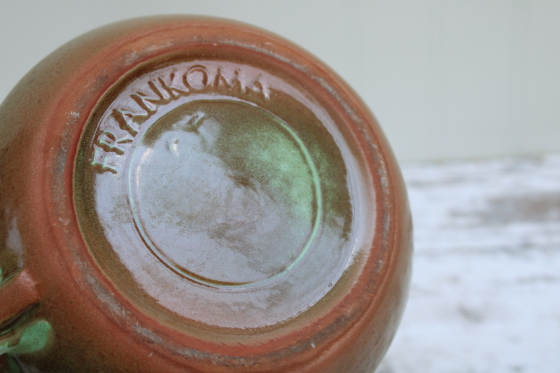 photo of Plainsman prairie green teapot w/ original label, vintage Frankoma pottery green brown glaze #6