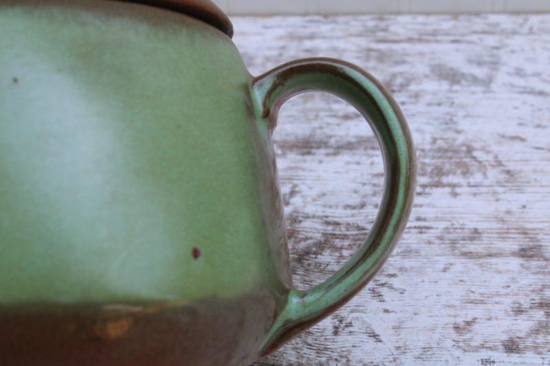 photo of Plainsman prairie green teapot w/ original label, vintage Frankoma pottery green brown glaze #7